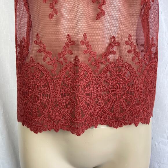 Rust Sheer Mesh Knit Lace T Shirt Scalloped Hem Forever 21 Size Small - Picture 3 of 16